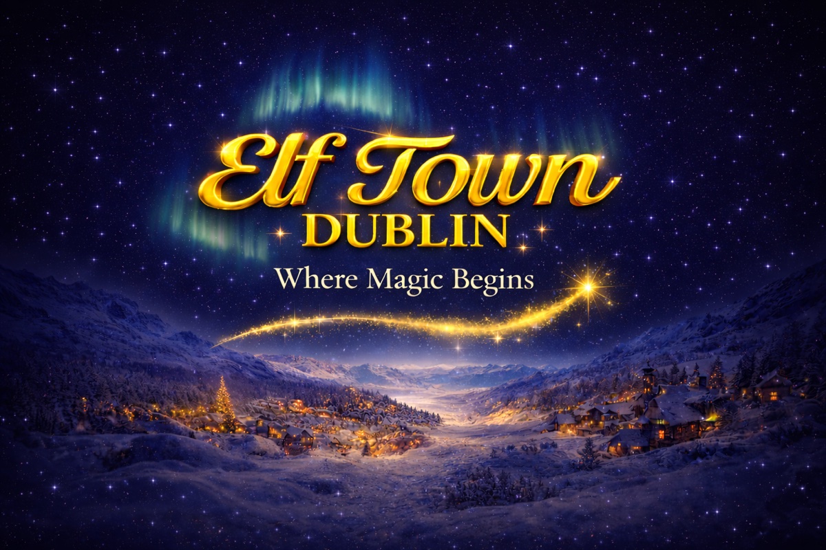 Families exploring the lights and snow of Elf Town Dublin at the RDS